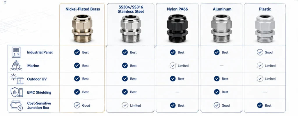Cable gland material comparison table for brass stainless steel nylon aluminum and plastic applications