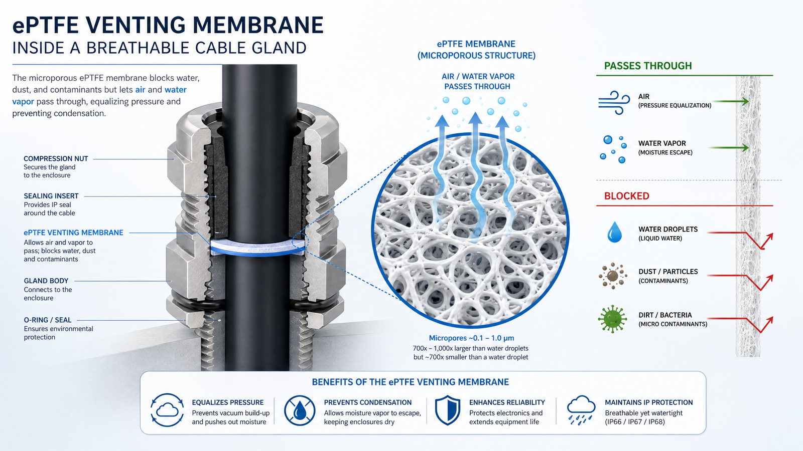 Diagram of ePTFE membrane inside a breathable cable gland allowing air exchange while blocking water