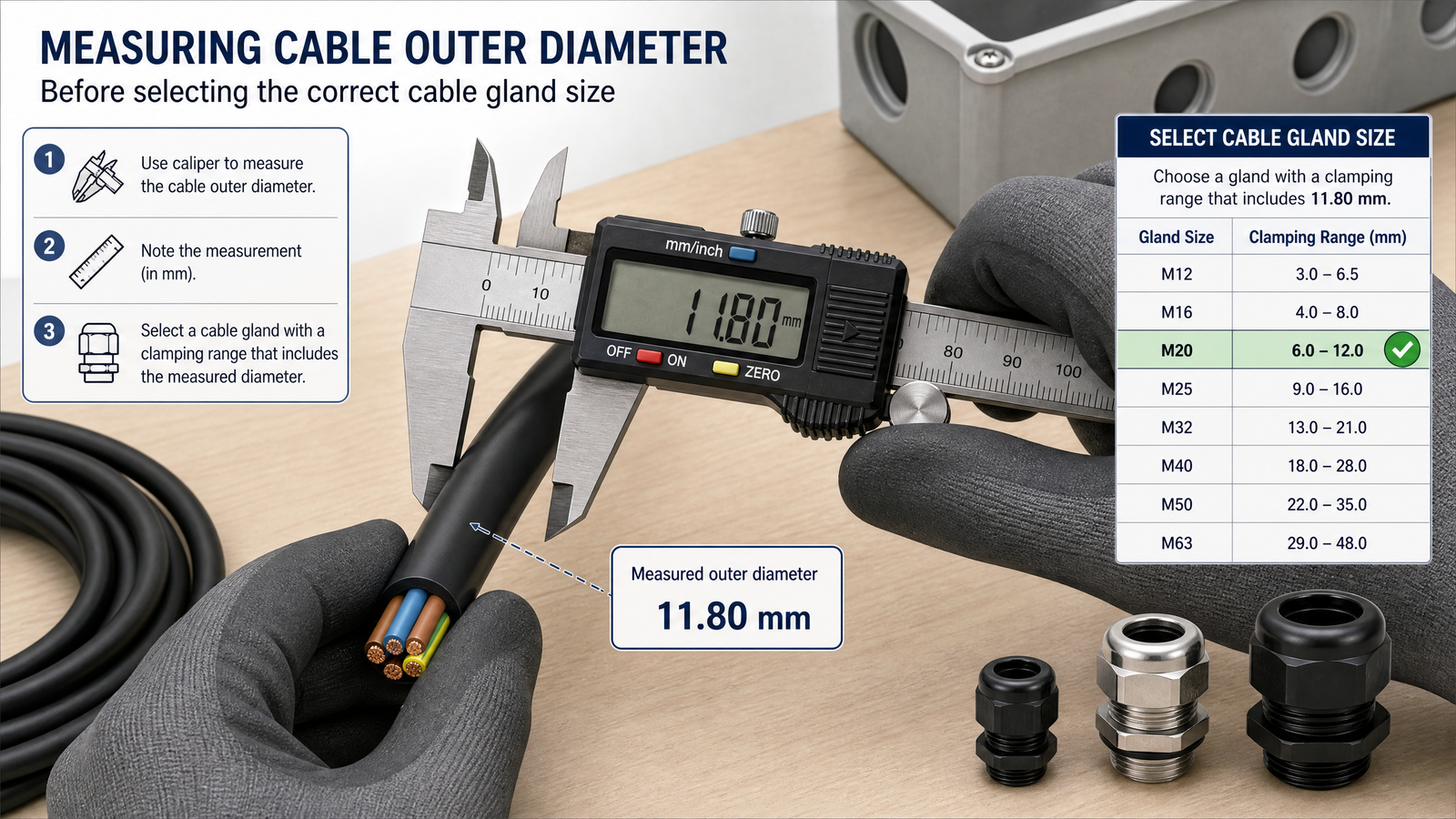 Measuring cable outer diameter with a caliper before selecting a cable gland size