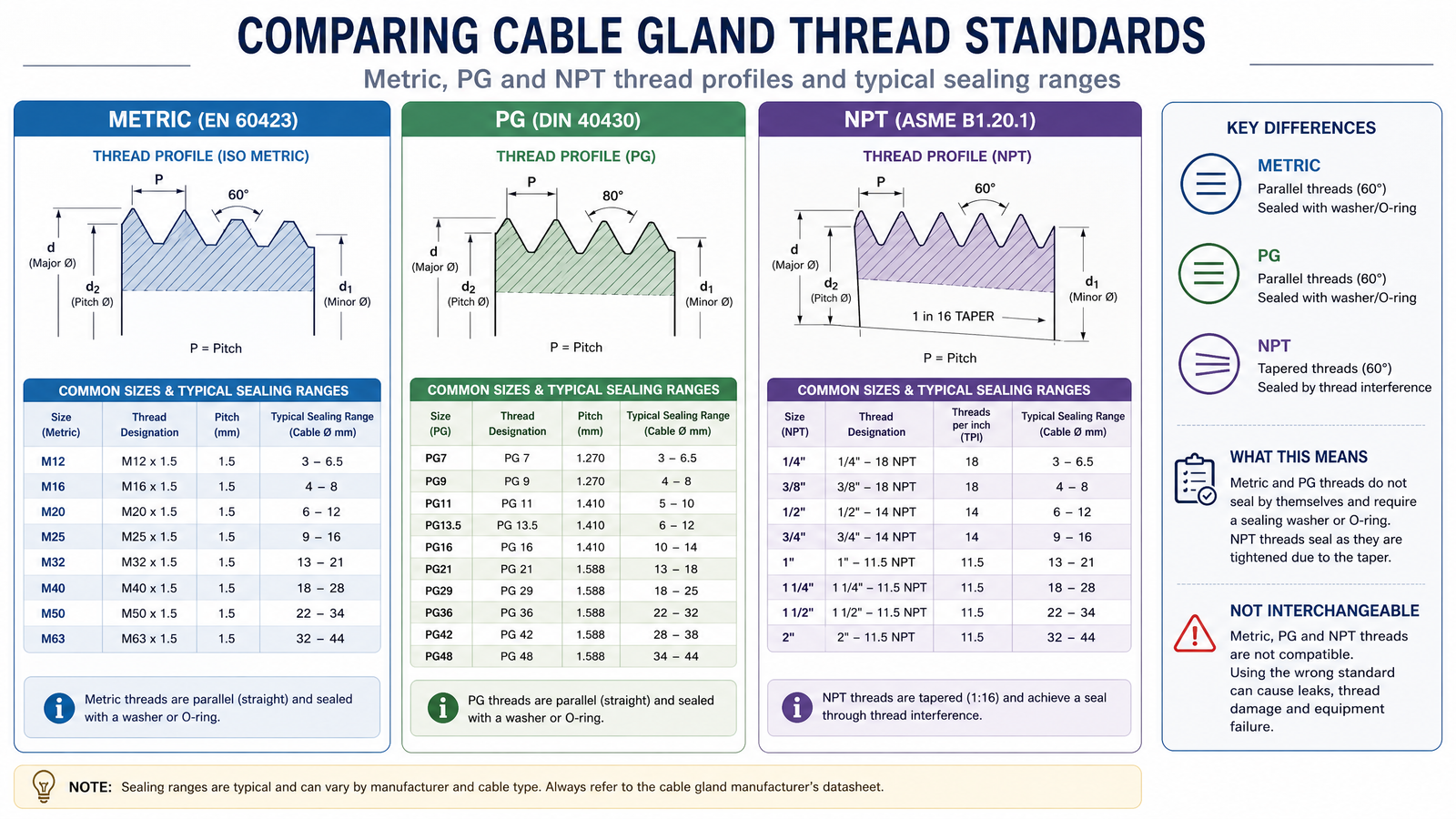 Diagram comparing metric, PG and NPT cable gland thread profiles and sizes