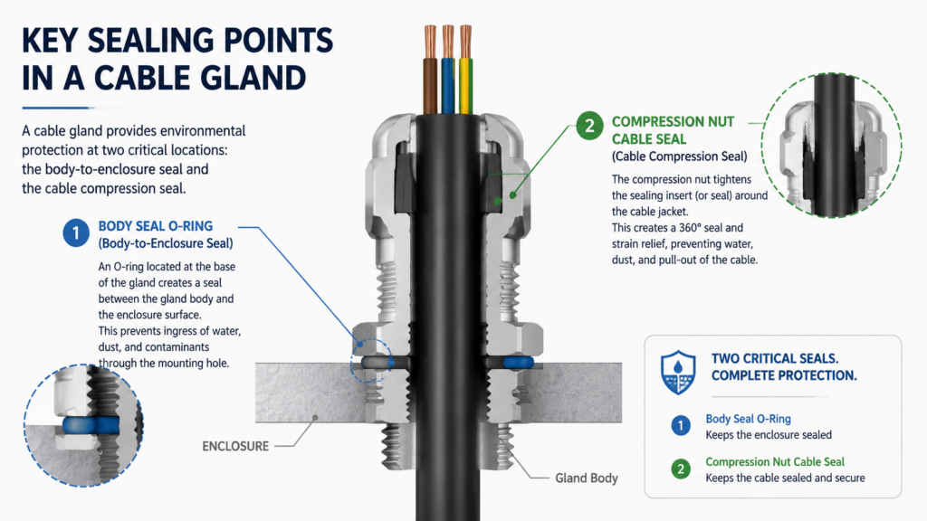 Diagram showing the key sealing points of a cable gland including body seal O-ring and compression nut cable seal