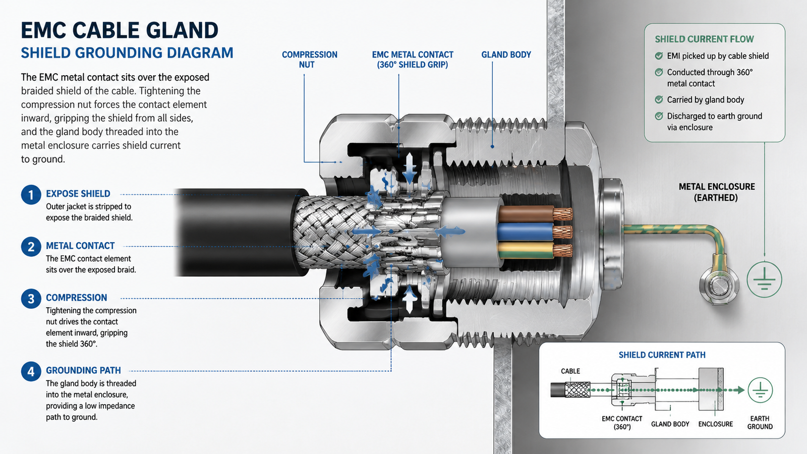 Diagram showing how an EMC cable gland connects the cable shield to the grounded enclosure