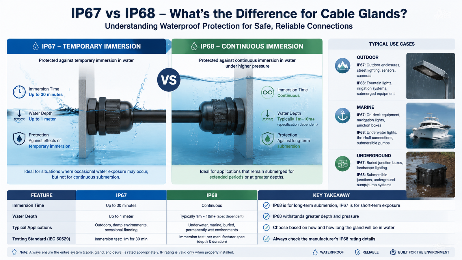 Comparison diagram showing IP67 temporary immersion versus IP68 continuous immersion for cable glands in outdoor, marine and underground applications