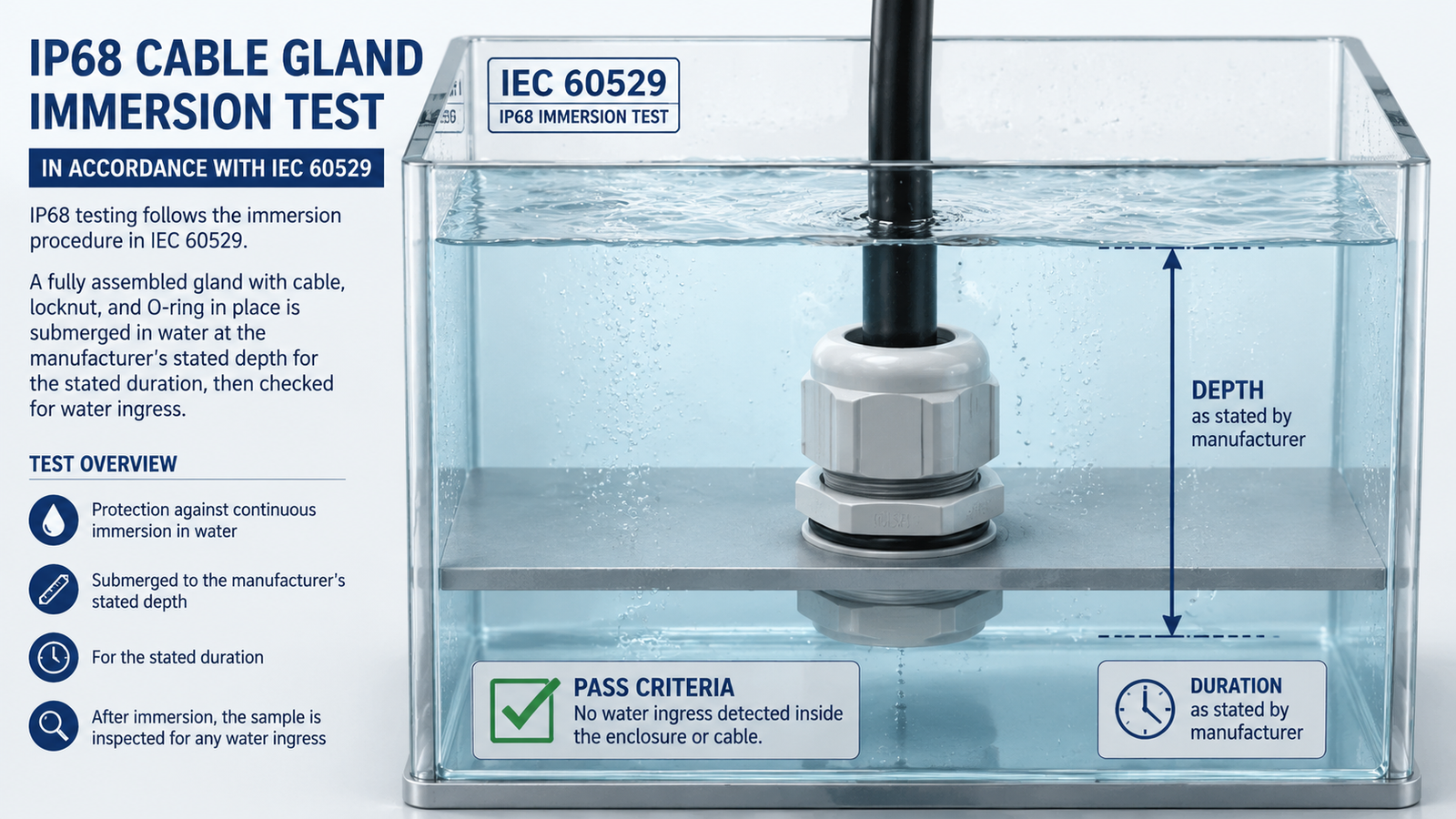 IP68 cable gland immersion test setup in a water tank following IEC 60529