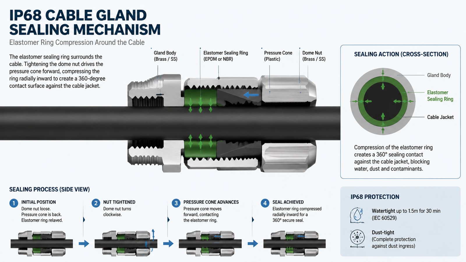 Diagram showing how IP68 cable gland sealing components compress around the cable jacket