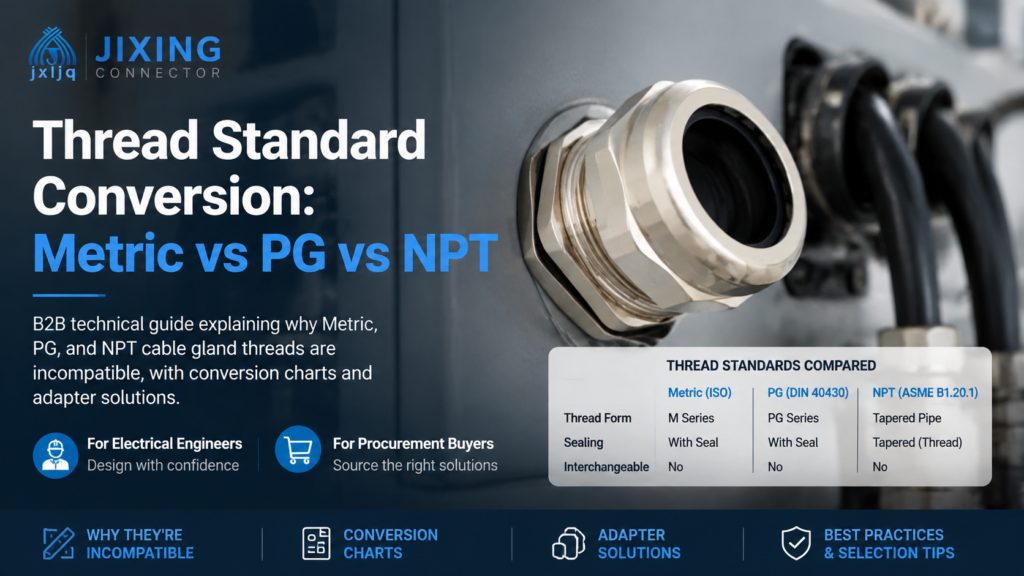 Thread standard conversion cover: metric, PG, and NPT cable gland threads compared
