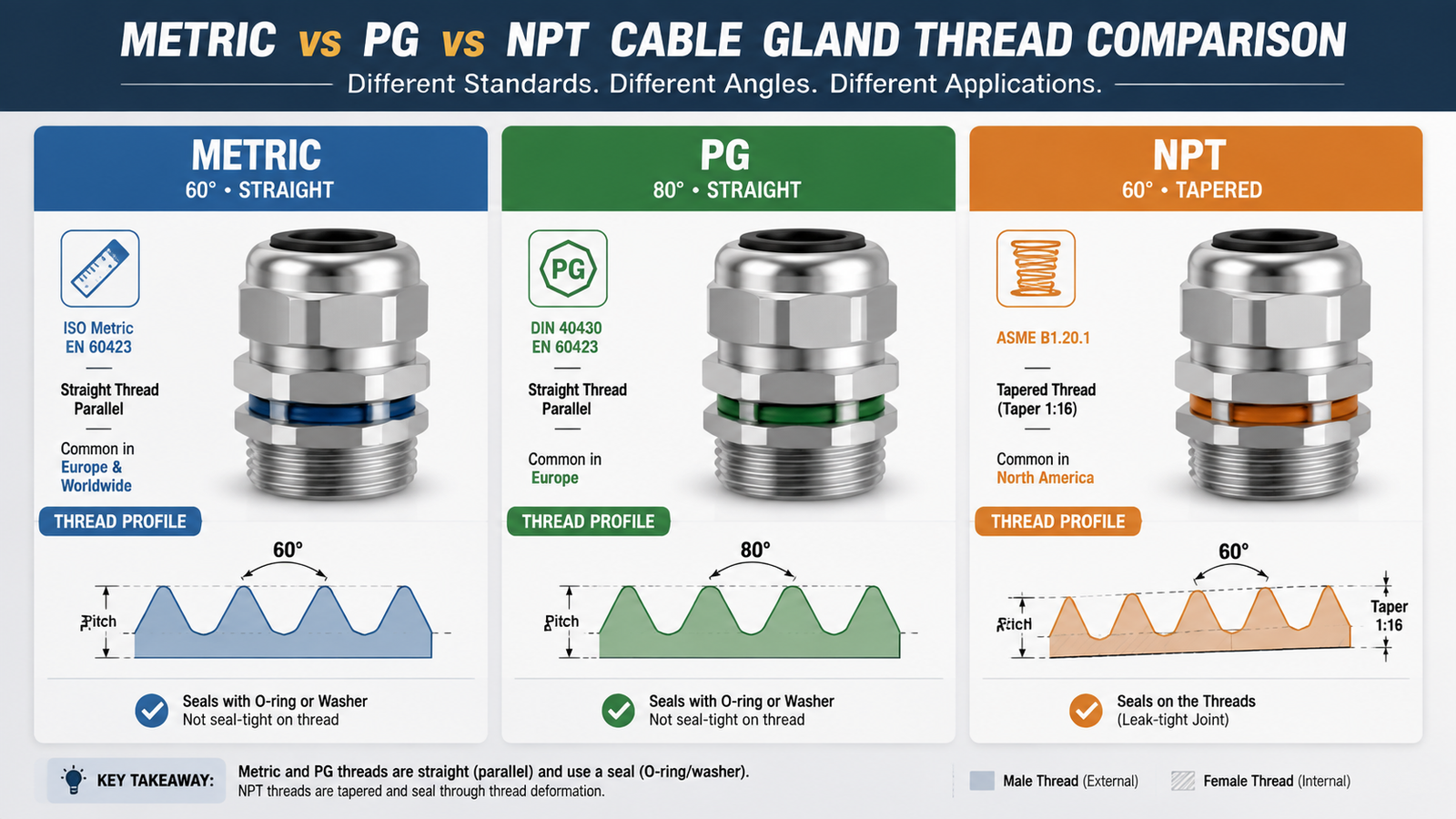 Metric vs PG vs NPT cable gland thread profile comparison