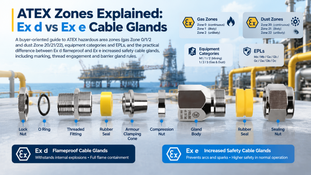 ATEX cable gland cover showing an explosion-proof gland for hazardous area Zone 1 and Zone 2 installations