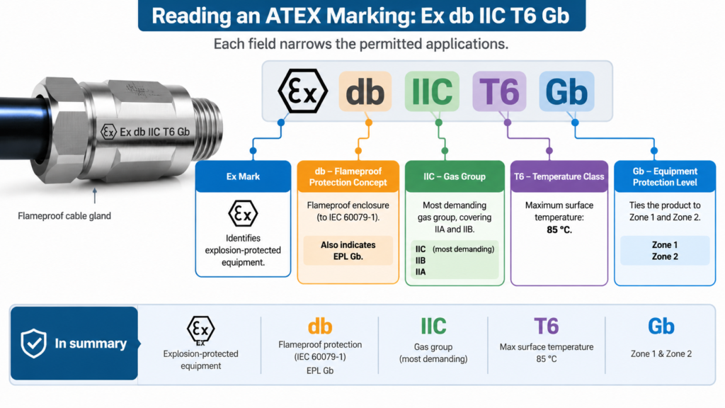 Annotated anatomy of an ATEX cable gland marking string Ex db IIC T6 Gb, decoding the protection concept, gas group, temperature class and equipment protection level