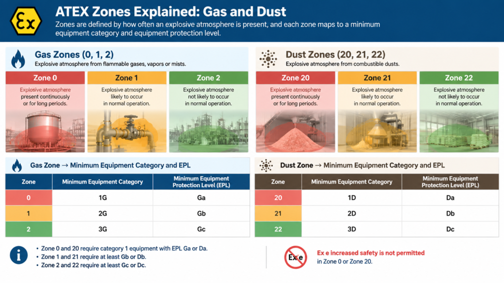 Diagram mapping ATEX gas zones 0, 1 and 2 and combustible dust zones 20, 21 and 22 to equipment categories and equipment protection levels Ga, Gb, Gc, Da, Db and Dc