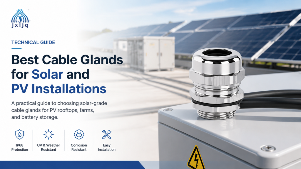 Best cable glands for solar and PV installations cover image showing waterproof cable entry on a rooftop solar panel junction box