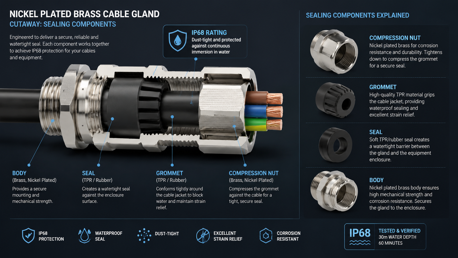 Cutaway view of a nickel-plated brass cable gland showing the seal, grommet and compression nut
