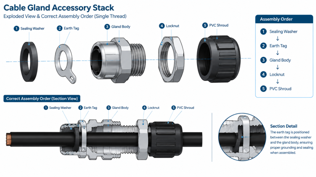 Exploded diagram of a cable gland accessory stack on a single thread showing the assembly order: sealing washer, earth tag, gland body, locknut and PVC shroud.