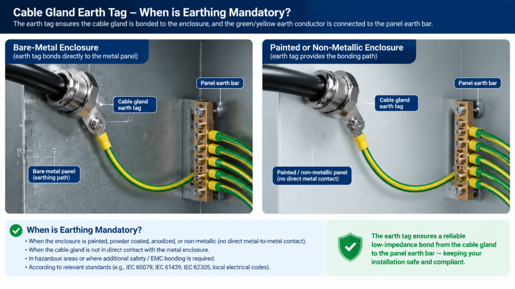 Side-by-side comparison of a cable gland earth tag fitted on a bare-metal enclosure versus on a painted or non-metallic enclosure, showing the green/yellow earth conductor bonded to the panel earth bar.