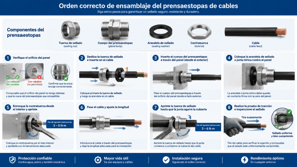 Four-step diagram of correct cable gland assembly order showing sealing nut, gland body, sealing washer, locknut, cable feed and torque points
