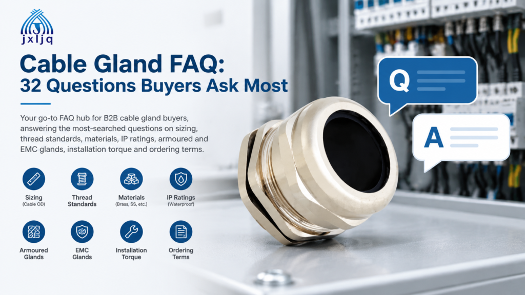 Cable gland FAQ cover showing a waterproof brass cable gland with a question and answer motif