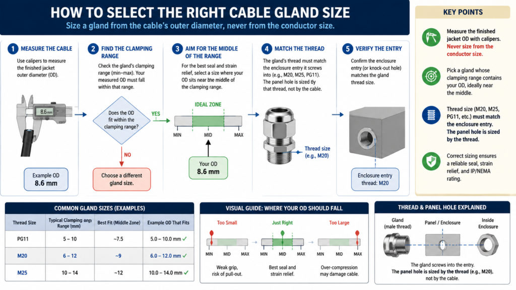 Decision flowchart showing how to select a cable gland size from measured cable outer diameter, clamping range, and enclosure thread size