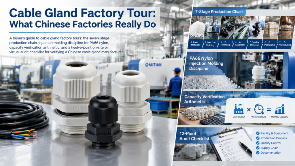 Cable gland factory tour cover showing injection molded nylon cable glands and factory production stages