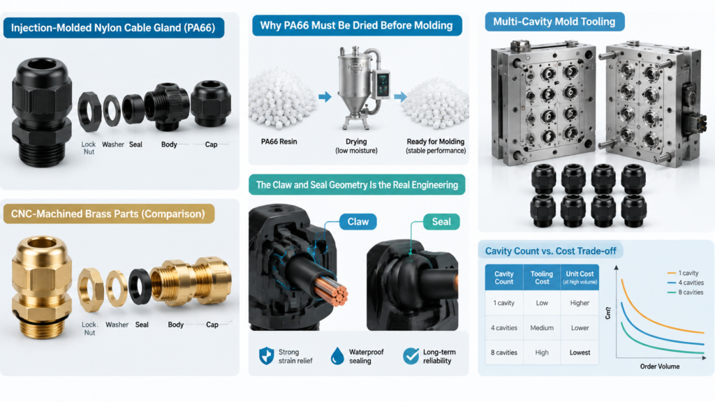 Illustration comparing injection-molded nylon cable gland components with CNC-machined brass parts and showing a multi-cavity mold tooling setup