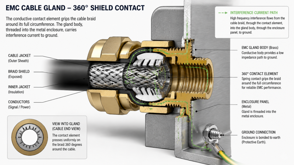 Cutaway diagram showing a shielded cable entering an EMC cable gland, with the braid clamped by the 360° contact element and grounded through the gland body to the enclosure