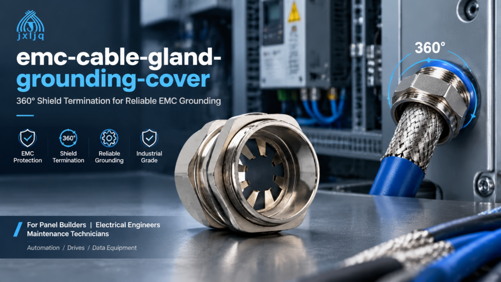 Nickel-plated brass EMC cable gland with 360 degree shield contact on a panel, for grounding shielded cables in industrial enclosures.