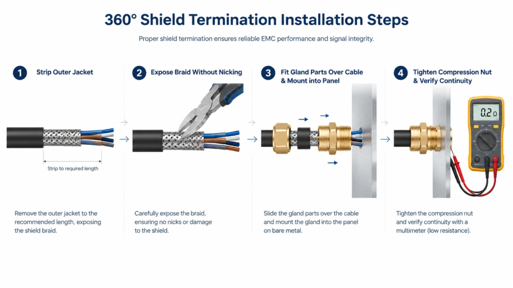 Installation steps for 360° shield termination: strip jacket, expose braid, fit gland parts, tighten nut, verify continuity with a multimeter