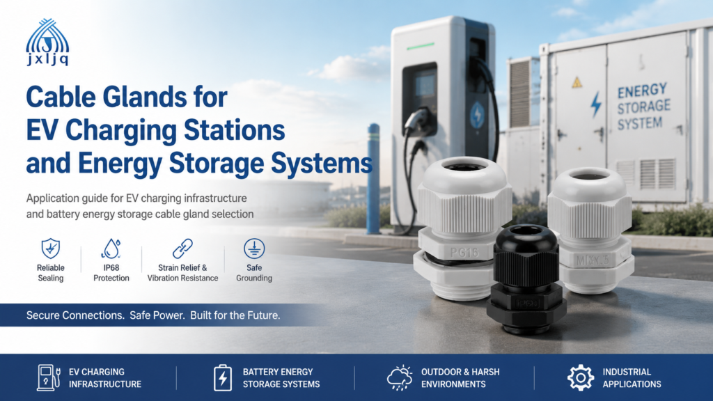 EV charging station and battery storage cabinet with waterproof cable glands installed