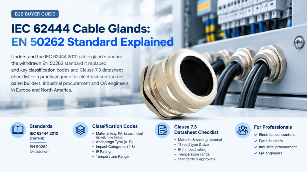 IEC 62444 cable gland standard cover showing a waterproof brass cable gland with standard and classification badges