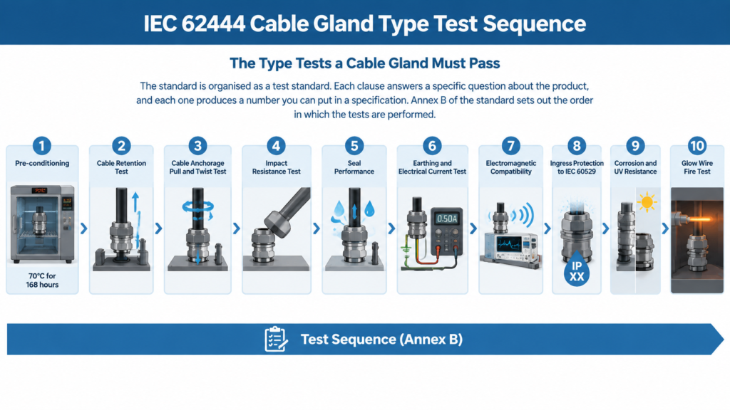 Flowchart of the IEC 62444 type test sequence from cable retention and anchorage through impact resistance, seal performance, earthing continuity, electromagnetic compatibility, ingress protection, corrosion, UV and fire testing