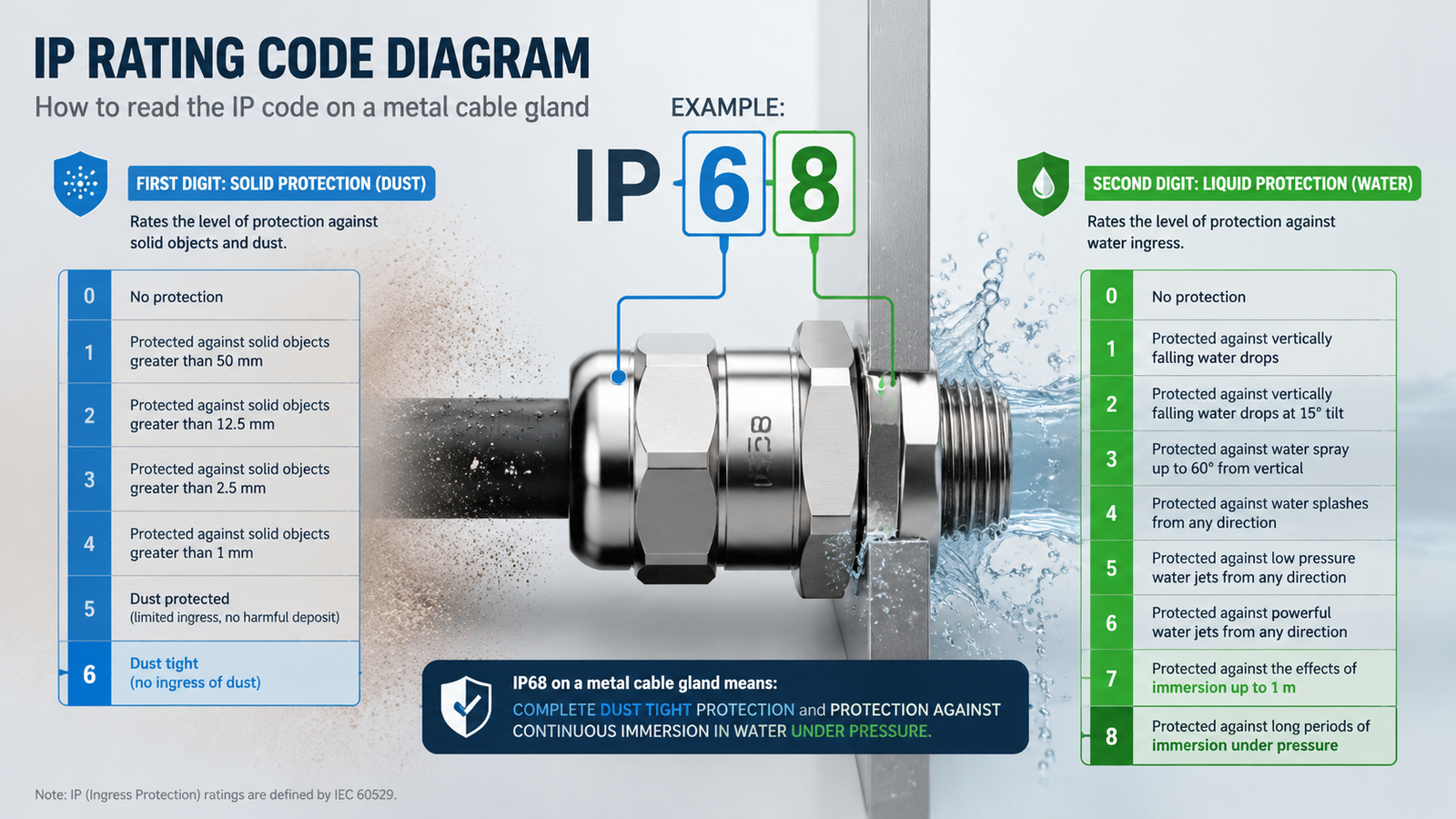 Diagram explaining the first and second digit of the IP rating code on a metal cable gland
