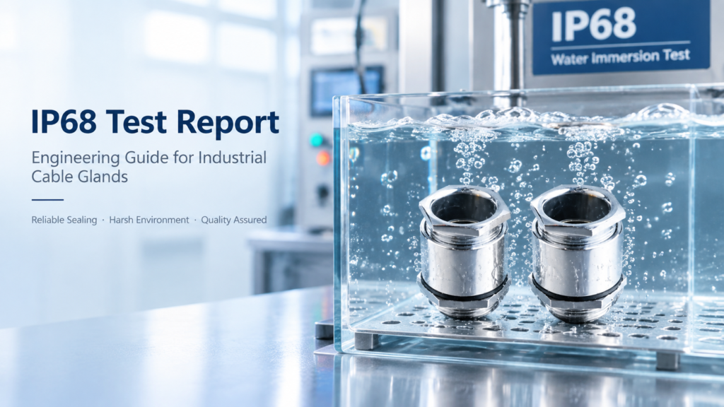 IP68 immersion test for industrial cable glands: two metal cable gland assemblies submerged in a transparent water tank in a factory quality lab, with an IP68 Water Immersion Test label.