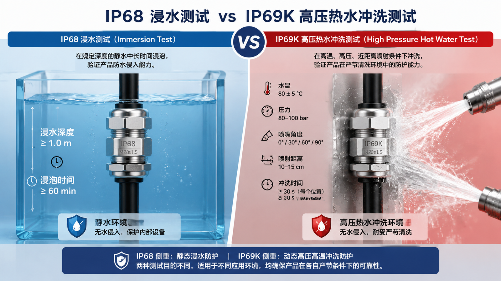 Comparison illustration showing IP68 immersion testing versus IP69K high-pressure hot water washdown testing