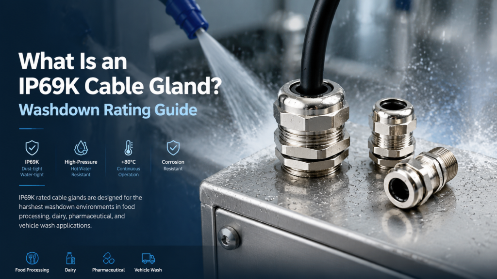 IP69K rated brass cable gland for high-pressure hot water washdown applications