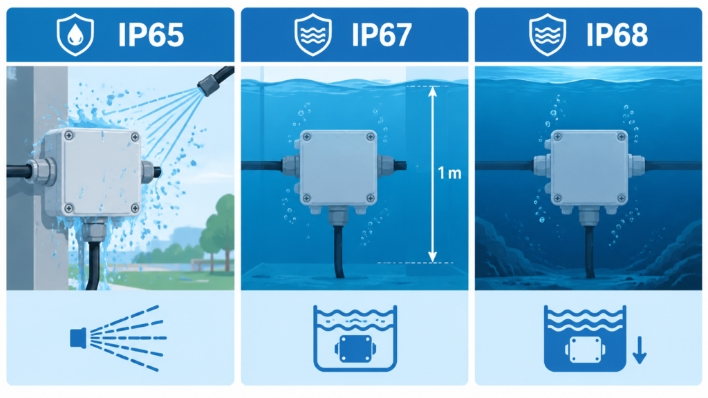 Diagram comparing IP65, IP67 and IP68 ingress protection levels for outdoor waterproof junction boxes