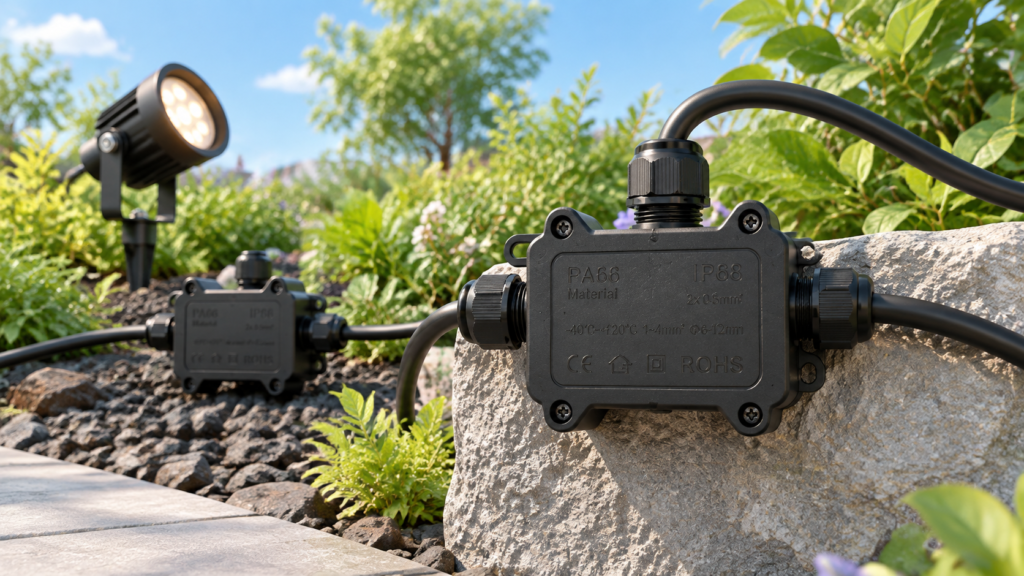 IP68 waterproof junction box selection guide cover showing F1 mini waterproof junction box in outdoor garden lighting