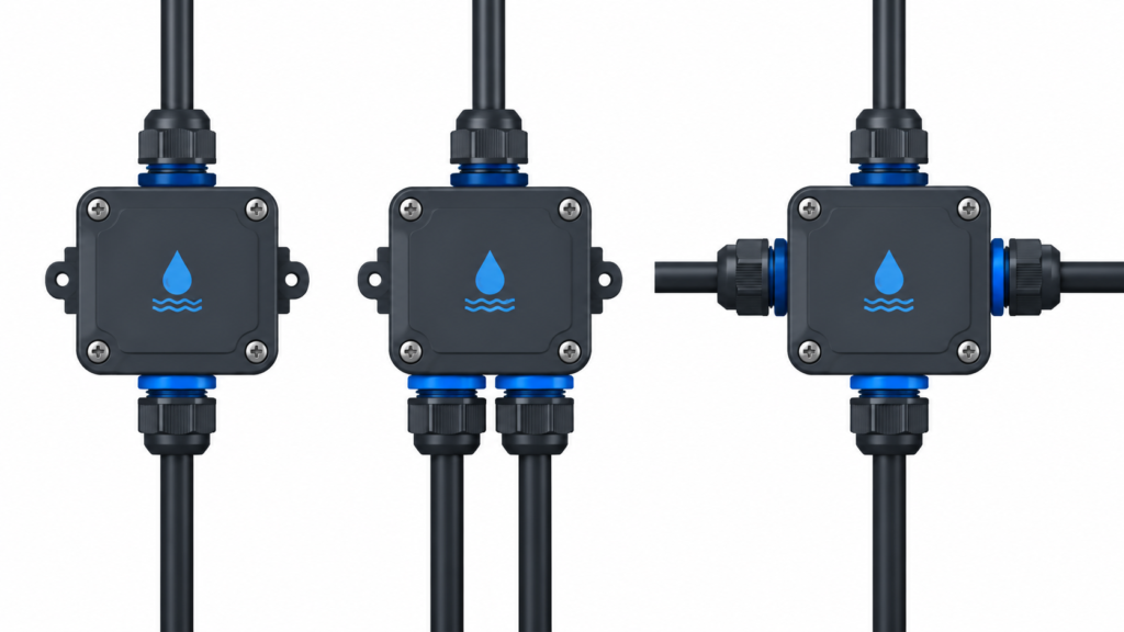 2-way, 3-way and 4-way waterproof junction box cable entry configurations