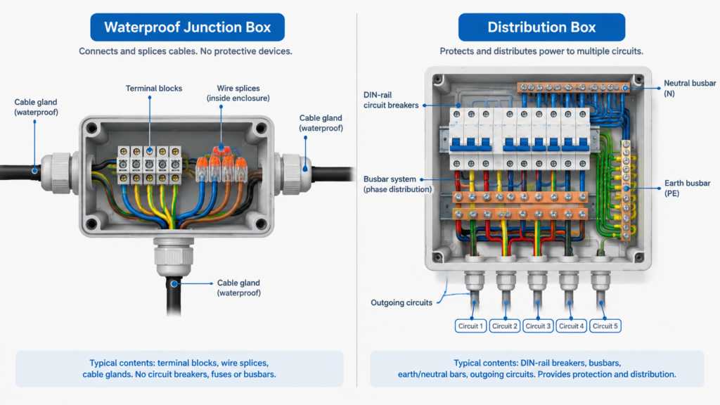 Cutaway side-by-side comparison of a sealed waterproof junction box containing only terminal blocks and splices next to a distribution box containing DIN rail circuit breakers, busbars and earth bars