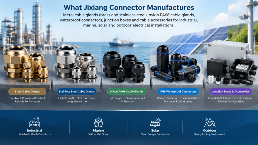 Illustration of Jixiang Connector product families: brass, stainless steel and PA66 nylon cable glands beside IP68 waterproof connectors and junction boxes