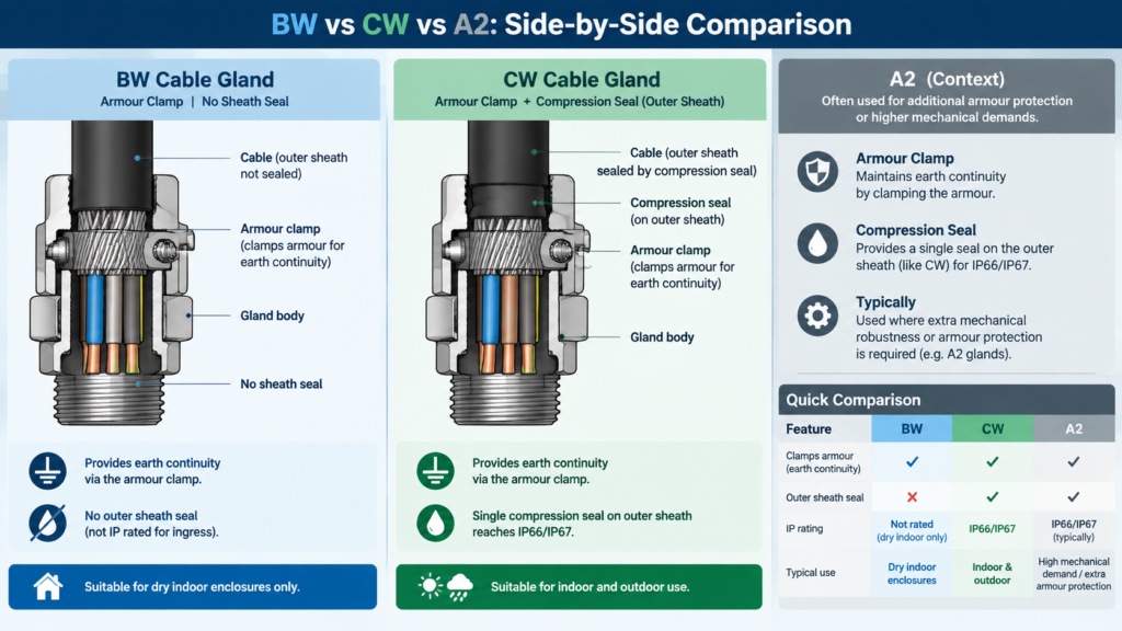 Cross-section comparison of a BW cable gland with an armour clamp and no sheath seal beside a CW cable gland with an armour clamp plus a compression seal on the outer sheath