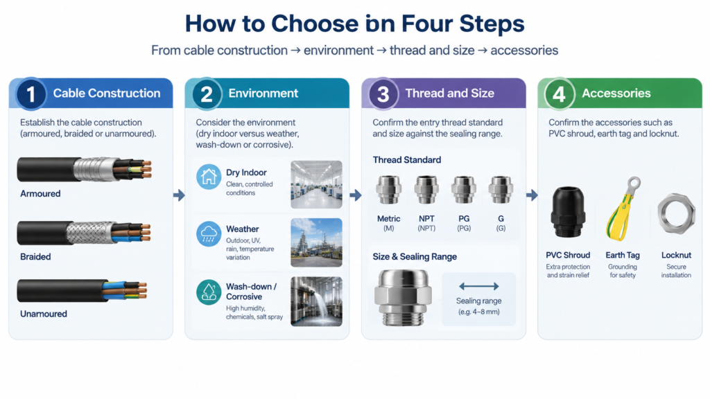 Four-step flowchart for selecting a cable gland type, starting from cable construction, then environment, then thread and size, then accessories