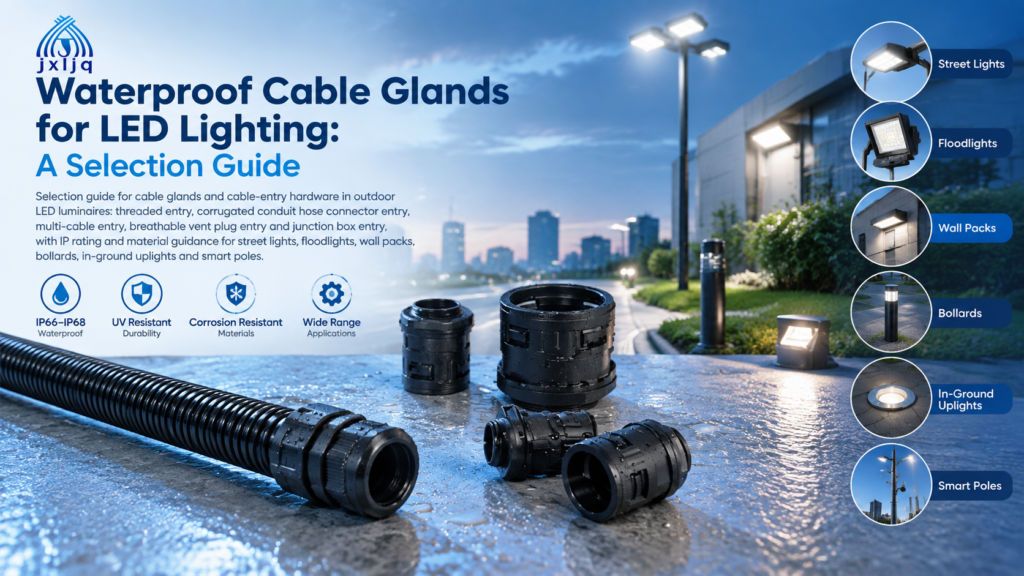 Waterproof cable glands and conduit fittings for outdoor LED lighting with street light, floodlight, wall pack, bollard, in-ground uplight and smart pole applications