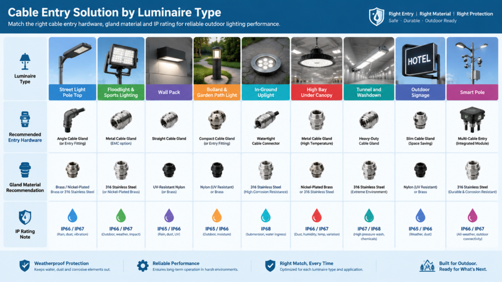 Decision map matching nine outdoor luminaire types to their cable entry hardware, with material and IP rating recommendations for each