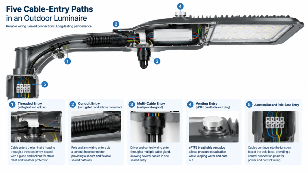 Cross-section diagram of five cable entry paths in an outdoor LED luminaire: threaded gland entry, corrugated conduit hose connector entry, multi-cable gland entry, breathable vent plug entry, and junction box entry