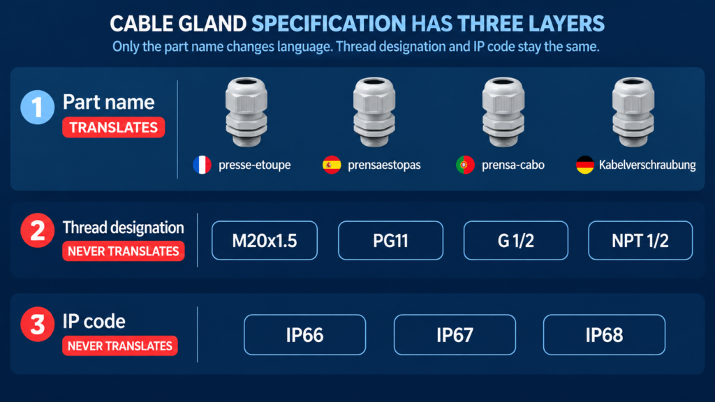 Diagram showing the three layers of a cable gland specification: the part name translates between languages while the thread designation and IP code stay identical