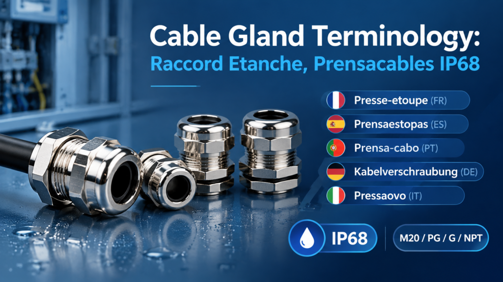 Stainless steel cable gland with multilingual terminology labels: presse-etoupe, prensaestopas, prensa-cabo, Kabelverschraubung, pressacavo, plus IP68 and M20 PG G NPT thread badges