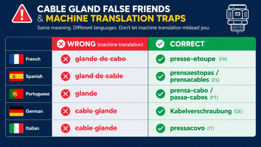 Comparison chart of wrong machine-translated cable gland terms such as glande de cabo against the correct French Spanish Portuguese German and Italian terms