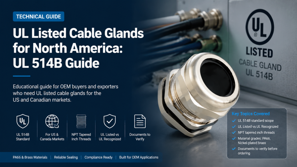 UL Listed cable glands for North America, UL 514B guide cover with brass cable gland on industrial panel