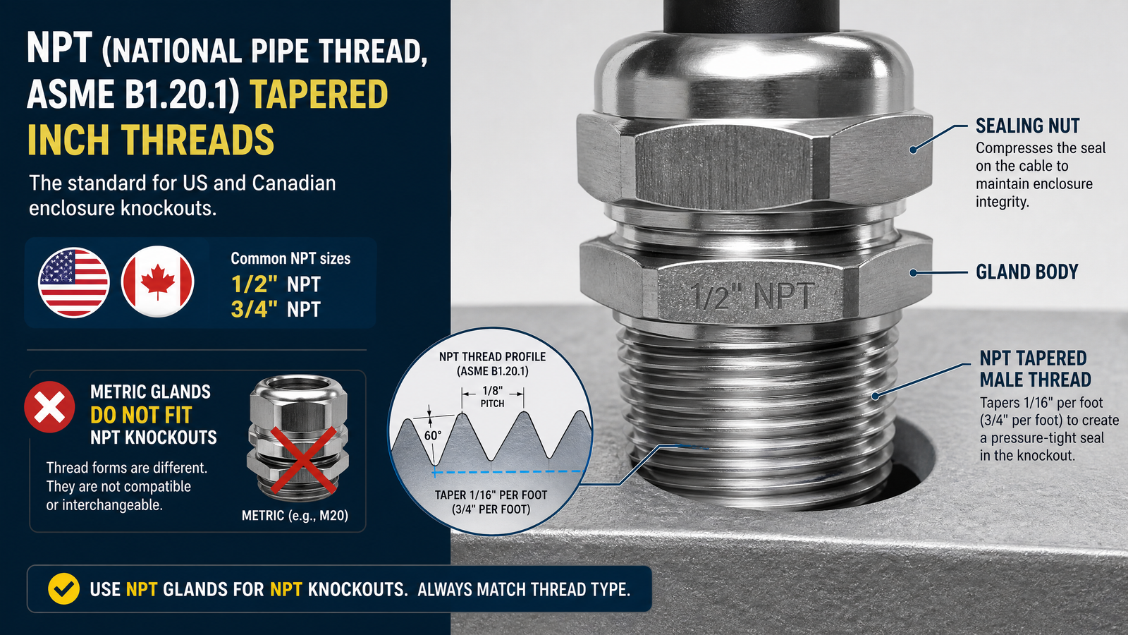 Close-up of an NPT tapered thread cable gland showing the inch thread profile and sealing nut