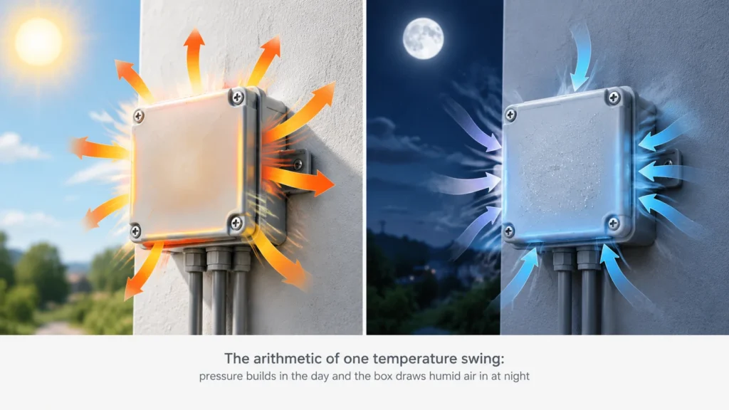 Day and night thermal cycle showing air expanding out of a sealed junction box and humid air drawn in as it cools