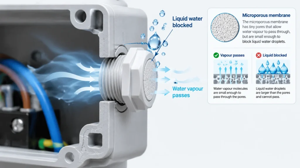 Cutaway of a breathable vent plug showing the microporous membrane passing water vapour while blocking liquid droplets